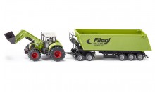 SIKU 1949 Traktor CLAAS AXION 850 s čelním nakladačem a přívěsem FLIEGL 1:50