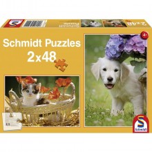 Puzzle Pejsek a kočička 2 x 48 dílů