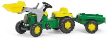 ROLLY TOYS Traktor šlapací JOHN DEERE s čelním nakladačem a přívěsem